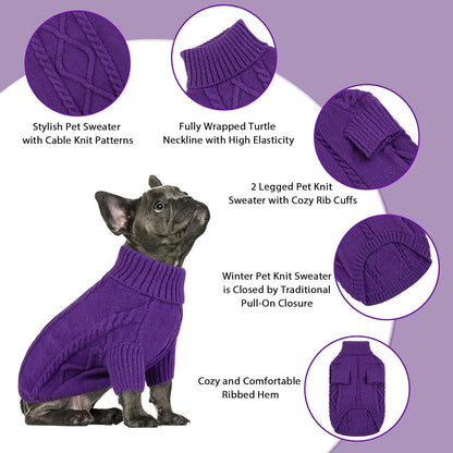 Queenmore Small Dog Pullover Sweater, Cold Weather Cable Knitwear, Classic Turtleneck Thick Warm Clothes for Chihuahua, Bulldog, Dachshund, Pug (Purple, X-Large)
