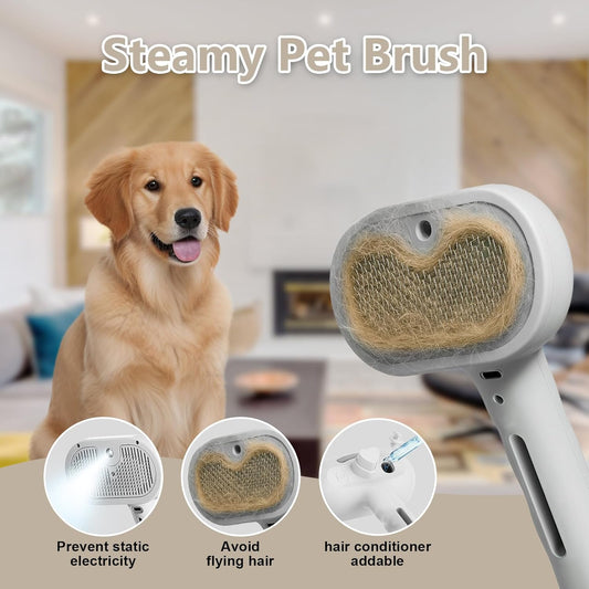 3-in-1 Pet Steam Brush with Self-Cleaning & Cool Mist – Portable Grooming Tool for Cats & Dogs, Long-Lasting Shedding Control & Detangling, Refillable Water Tank & Fast Charging