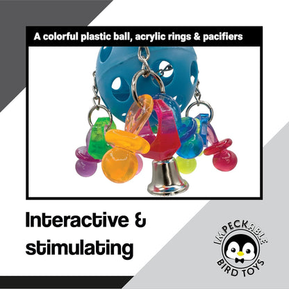 1938 Pacifier Ringer with Acrylic Ring, Pacifiers and Bell – Handcrafted by Impeckable Bird Toys – Great for Conures, African Greys, Amazons and Other Medium Birds