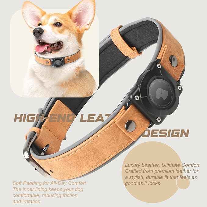 Leather AirTag Dog Collar, Waterproof Dog Collar with Air Tag Holder, Compatible with Apple Air Tag, Reflective, Durable, Comfortable Padded GPS Dogs Collars (Light Brown, L)