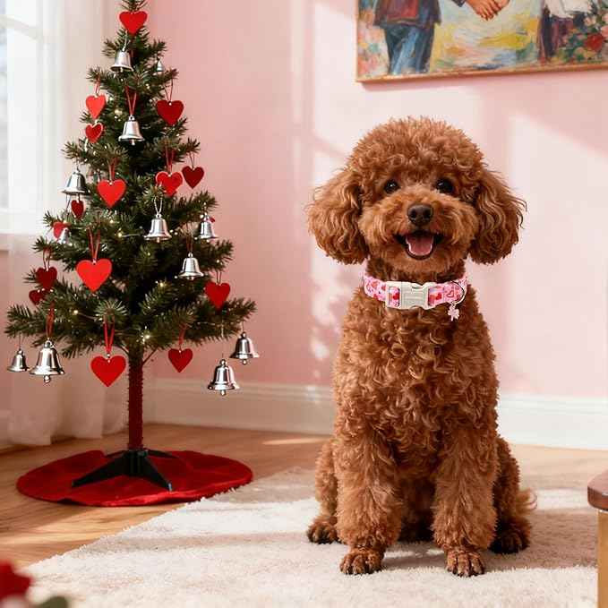 DOGWONG Valentine's Dog Collar - Pink Heart Adjustable Cotton Heart Dog Collar - Cute Dog Collars Perfect for Small Dogs