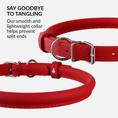 CollarDirect Rolled Leather Dog Collar, Soft Padded Round Puppy Collar, Handmade Genuine Leather Collar Dog Small Large Cat Collars 13 Colors (13-16 Inch, Red Smooth)