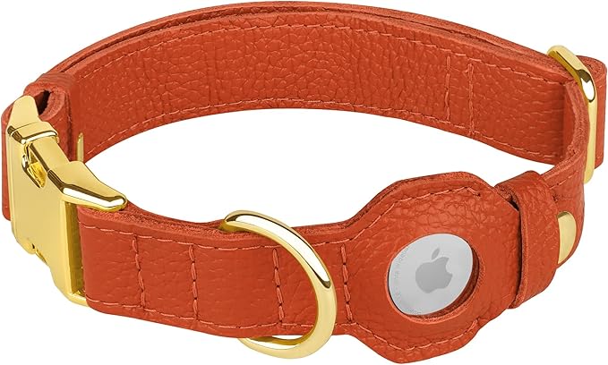 Leather Airtag Dog Collar - Soft Tracking Dog Collar with Apple AirTag Holder and Metal Buckle - Safety GPS Pet Collars for Small Medium Large Dogs Puppy Pink Red (Orange, XS, 9"-12" Neck Fit)