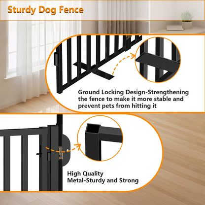 Free Standing Dog Gate with Door for Indoor Outdoor, Portable Dog Fence Foldable Design, Metal Black 32" Tall, Expandable 4 Panels Use for Front Door, Yard, Stairs