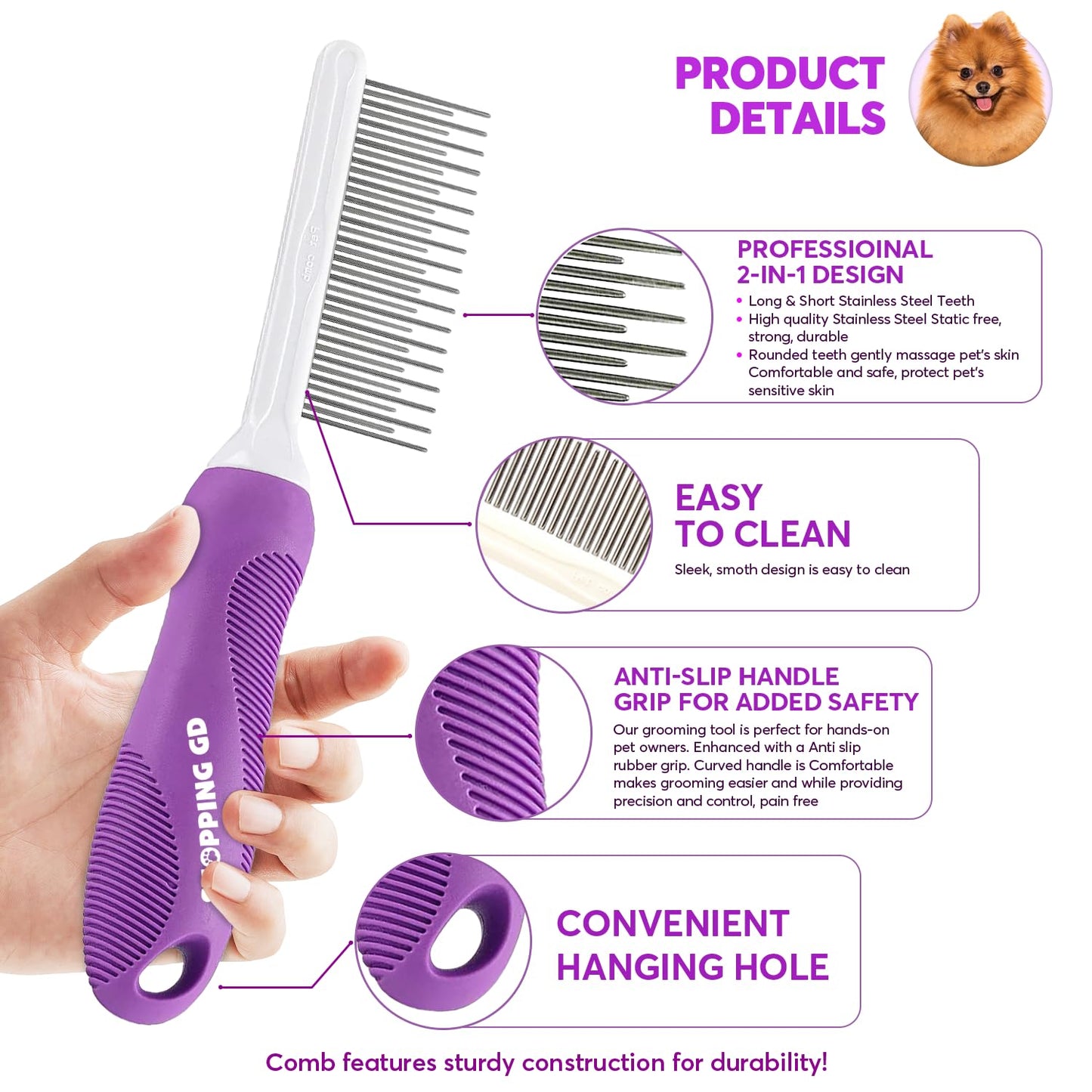 Detangling Pet Comb for Dogs & Cats with Long & Short Stainless Steel Metal Teeth for Removes Tangles and Knots - Detangler Grooming Tool for Dematting Matted Fur.