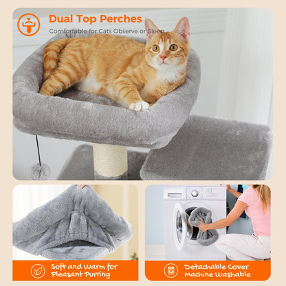 PAWZ Road Cat Tree, 53.5 Inches Tall Cat Tower with Spacious Hammocks, Condos and Scratching Posts, Cat House with Dual Padded Perches for Indoor Large Cats-Gray