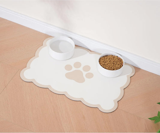 Ralxion Scalloped Dog Feeding Mat, Absorbent Mats for Dog Food and Water Bowl, Dispenser, Cute Elegant Aesthetic Khaki Beige Scallop Pet Placemat for Dogs, Cats, Puppy Accessories, 17" X 24”