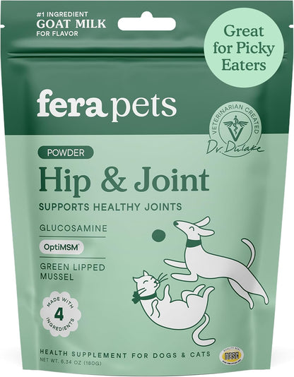 Fera Pets Goat Milk - Cat & Dog Hip and Joint Support with Glucosamine, MSM & Green Lipped Mussel - Supports Flexibility, Mobility & Bone Health - for Picky Eaters - 60 TSP