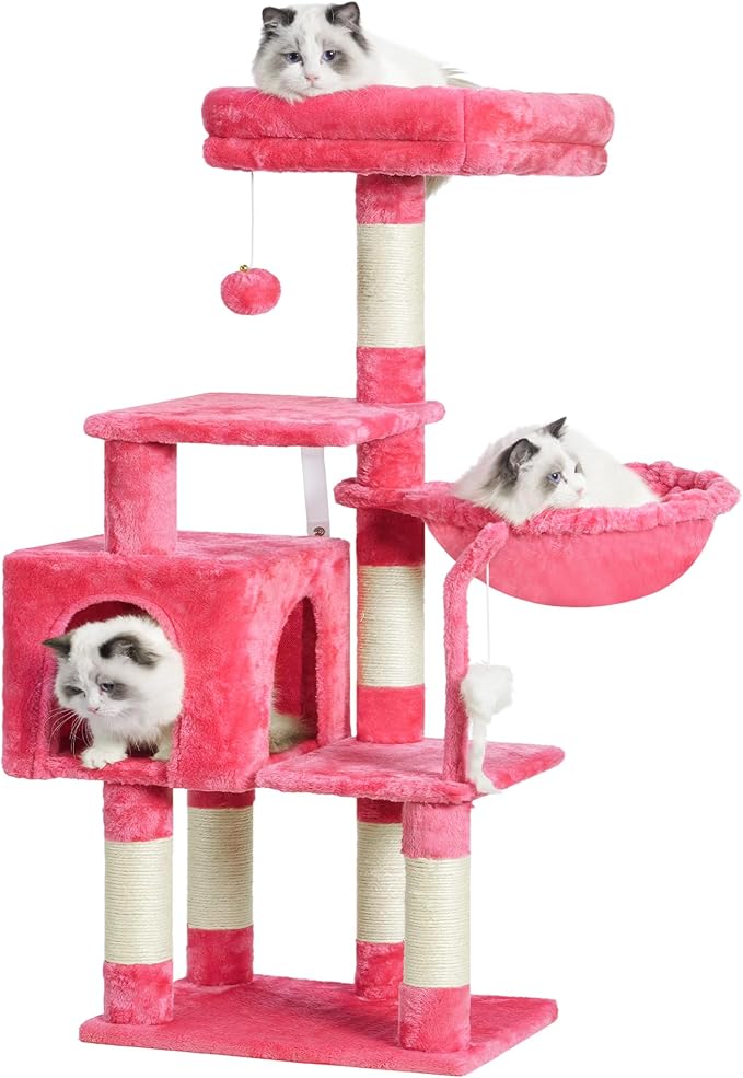 Heybly Cat Tree with Toy, Cat Tower Condo for Indoor Cats, Cat House with Padded Plush Perch, Cozy Hammock and Sisal Scratching Posts, Flamingos HCT004SF