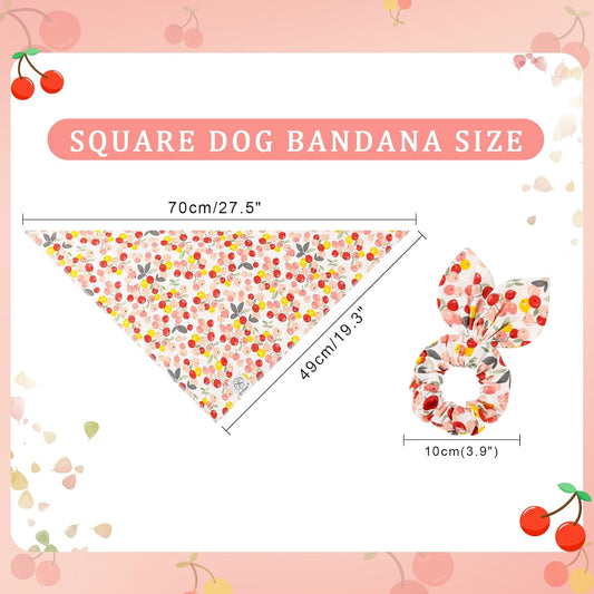 E-Clover Pink Floral Dog Bandanas & Matching Scrunchie Set Cute Dog Scarf Bibs Pet Bandana with Bow Tie for Medium Large Dogs Owner Mom Spring Summer