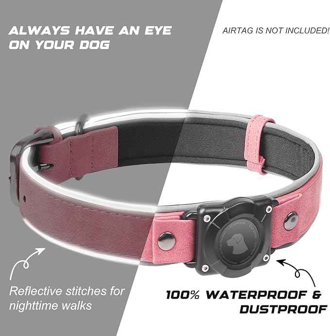 Leather AirTag Dog Collar, Waterproof Dog Collar with Air Tag Holder, Compatible with Apple Air Tag, Reflective, Durable, Comfortable Padded GPS Dogs Collars (Pink, M)