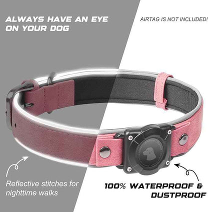 Leather AirTag Dog Collar, Waterproof Dog Collar with Air Tag Holder, Compatible with Apple Air Tag, Reflective, Durable, Comfortable Padded GPS Dogs Collars (Pink, M)