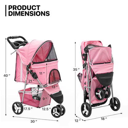 MoNiBloom 3-Wheels Foldable Pet Stroller with Waterproof Cover, Pet Strolling Cart for Small/Medium Dogs and Cats with Storage Basket and Cup Holder, Breathable and Visible Mesh for All-Season, Pink - Pawvie