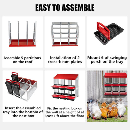 Chicken Nesting Box 2-Tier Galvanized Steel 6 Holes Nesting Boxes for Chickens Durable & Weather-Resistant Chicken Egg Laying Box Holds Up to 30 Hens with Removable Tray for Easy Cleaning