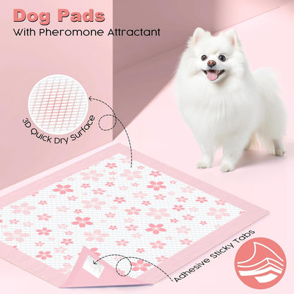 MIZOK Puppy Pads 22"x 22" with Leak-Proof Quick-Dry Design Pee Pads for Dogs Potty Training, 6-Layer Standard Absorbency Dog Pee Pads Regular Size, Pink Cherry Blossom Pattern (50 Counts)