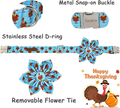 Unique style paws Thanksgiving Dog Collar with Flower Tie Autumn Turkey Theme Puppy Collar for Small Medium Large Dogs-XS