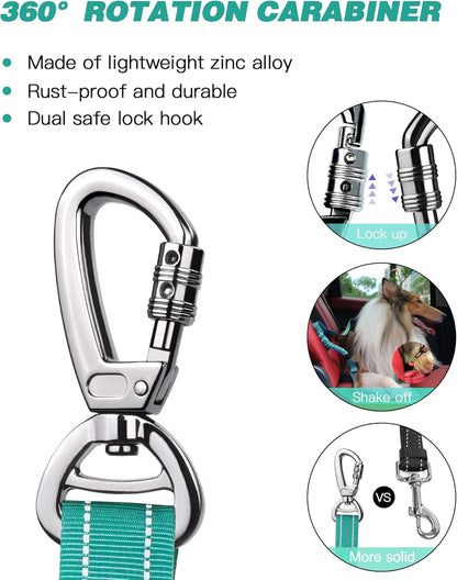 AUBELL Dog Seat Belt for Car,2 Pack Set 3-in-1 Adjustable Reflective Bungee Heavy Duty Dog Car Harness Tether with Clip Hook Latch & Buckle,Swivel Zinc Alloy Carabiner,Black+Teal