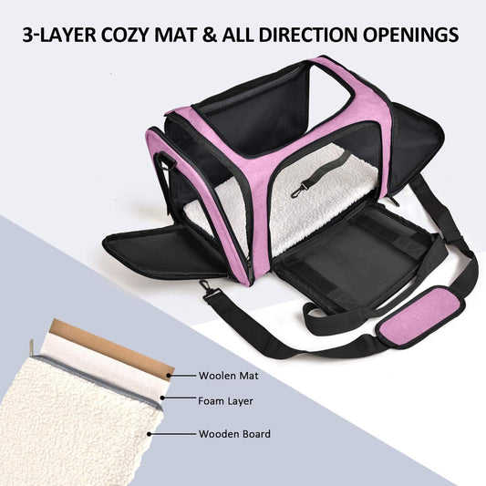 Pet Carrier for Small Medium Cats Dogs Puppies up to 15 Lbs, TSA Airline Approved, Soft Sided, Collapsible Travel - Pink