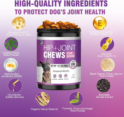 Glucosamine for Dogs 200pcs Joint Support Supplement Dog Hip and Joint Chondroitin Chews Treats with MSM Hemp Dog Joint Pain Relief Mobility Supplements Chicken Flavor Fit All Large Small Medium Breed