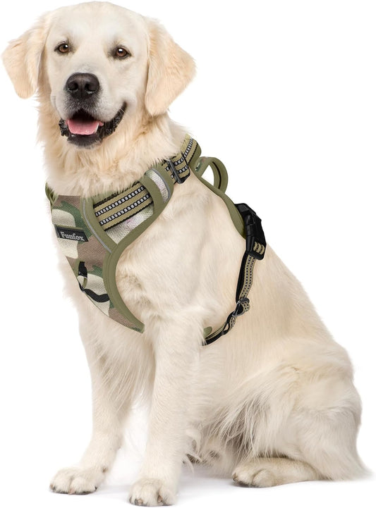 Funfox Dog Harness No Pull, Adjustable Pet Vest Harness, Super Soft Material with Vertical Handle Easy Control, Reflective Night Walking, 2 Leash Clips for Large Dogs, Camo Green, L
