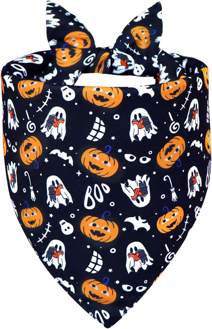 Halloween Dog Bandana for Small Dogs - Reversible Black Skull Pumpkin Print Scarf - Soft & Quick-Dry for Costume Parties