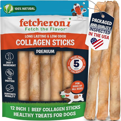 12" Collagen Sticks for Dogs – Low Odor Long-Lasting Bully Stick & Rawhide Alternative, Single Ingredient Beef Bone, High Protein Dental Treat, Vet Approved, Improves Joint Health – 5 Pack