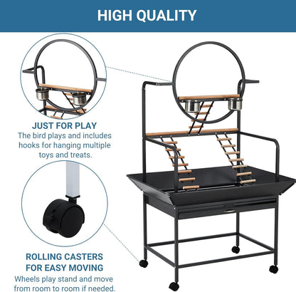 Bird Playstand, 66'' H Inch Birdcage Stand Activity Play Center with Perches and Ladders, Removable Tray, Indoor Outdoor Playground for Parakeet,Cockatiels Conures Parrots, Lockable Caster,Black