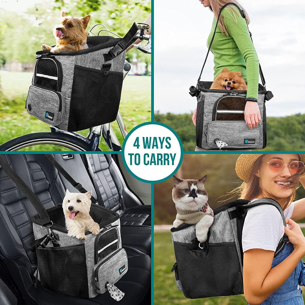 PetAmi Dog Bike Basket, Soft-Sided Ventilated Dog Bike Carrier Backpack, Pet Bicycle Basket for Bike Handlebar, Small Medium Puppy Cat Kitten Car Booster Seat with Safety Strap, Max 18 lbs, Gray