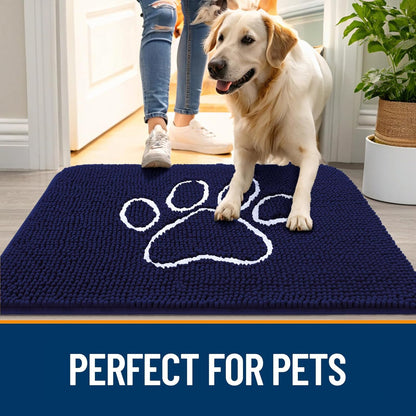 OLANLY Door Mat for Muddy Dog Paws 70x46, Ultra Absorbent Chenille Mud Doormat with Paw Print Design, Non-Slip Washable Doormat for Indoor Entryway, Quick-Dry Pet Bed Mats for Dirty Dogs, Navy Blue