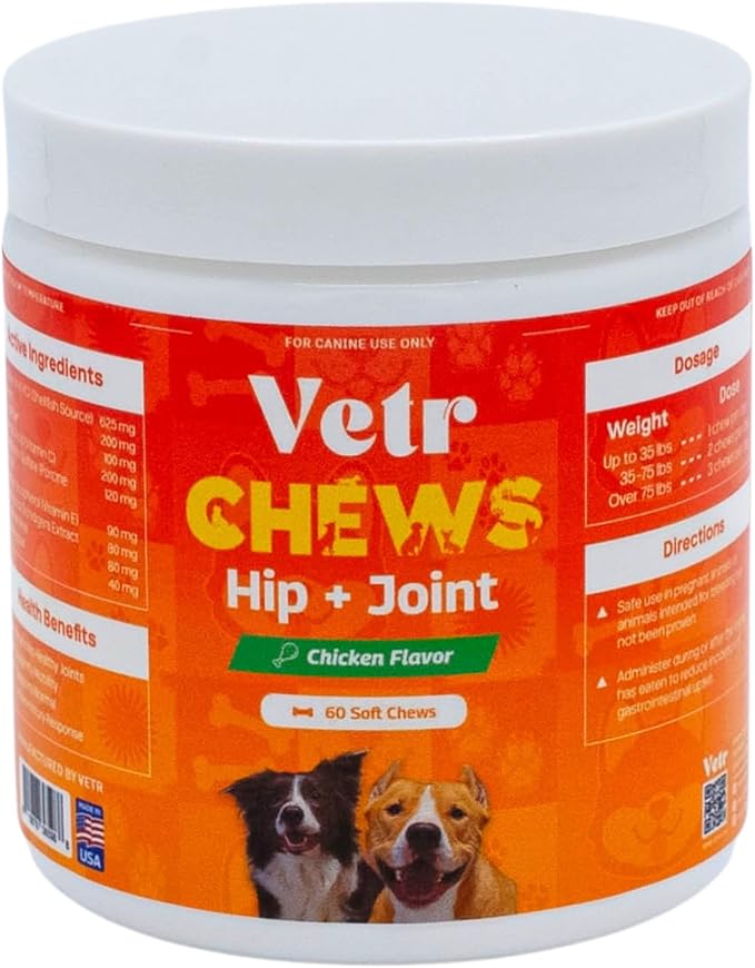 Vetr Hip and Joint Chicken Flavored Chews for Dogs - Glucosamine Chondroitin MSM Supplement - 60 Chewable Tablets - Vet-Formulated in USA