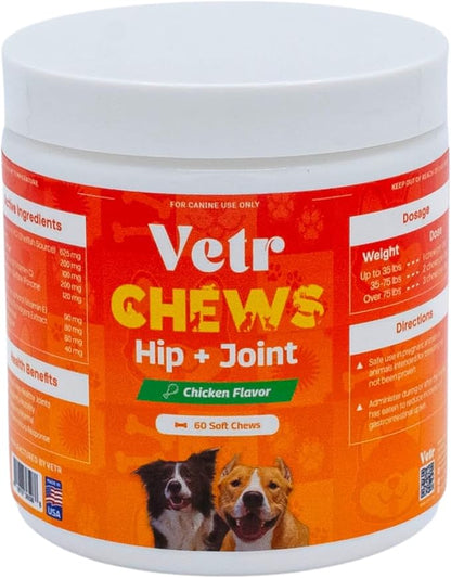 Vetr Hip and Joint Chicken Flavored Chews for Dogs - Glucosamine Chondroitin MSM Supplement - 60 Chewable Tablets - Vet-Formulated in USA