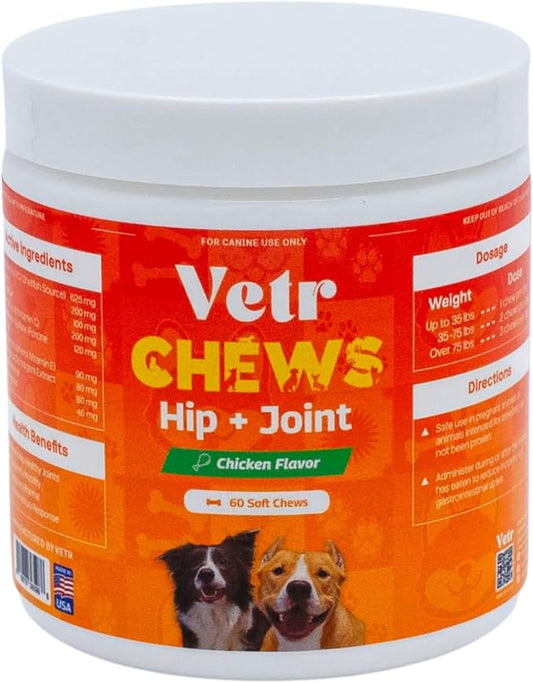 Vetr Hip and Joint Chicken Flavored Chews for Dogs - Glucosamine Chondroitin MSM Supplement - 60 Chewable Tablets - Vet-Formulated in USA