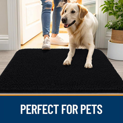 OLANLY Dog Door Mat for Muddy Paws 59x35, Absorbs Moisture and Dirt, Absorbent Non-Slip Washable Doormat, Quick Dry Chenille Mud Mat for Dogs, Entry Indoor Entryway Carpet for Inside Floor, Black