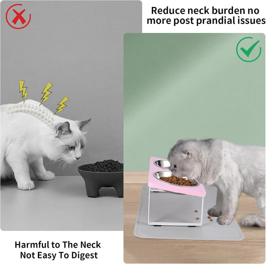 Upgraded Elevated Cat Bowls with Food Mat,15°Tilted Stand Anti Vomiting Raised Cat Dishes for Food and Water,2 Stainless Steel Bowls for Cats and PuppyďźPinkďź