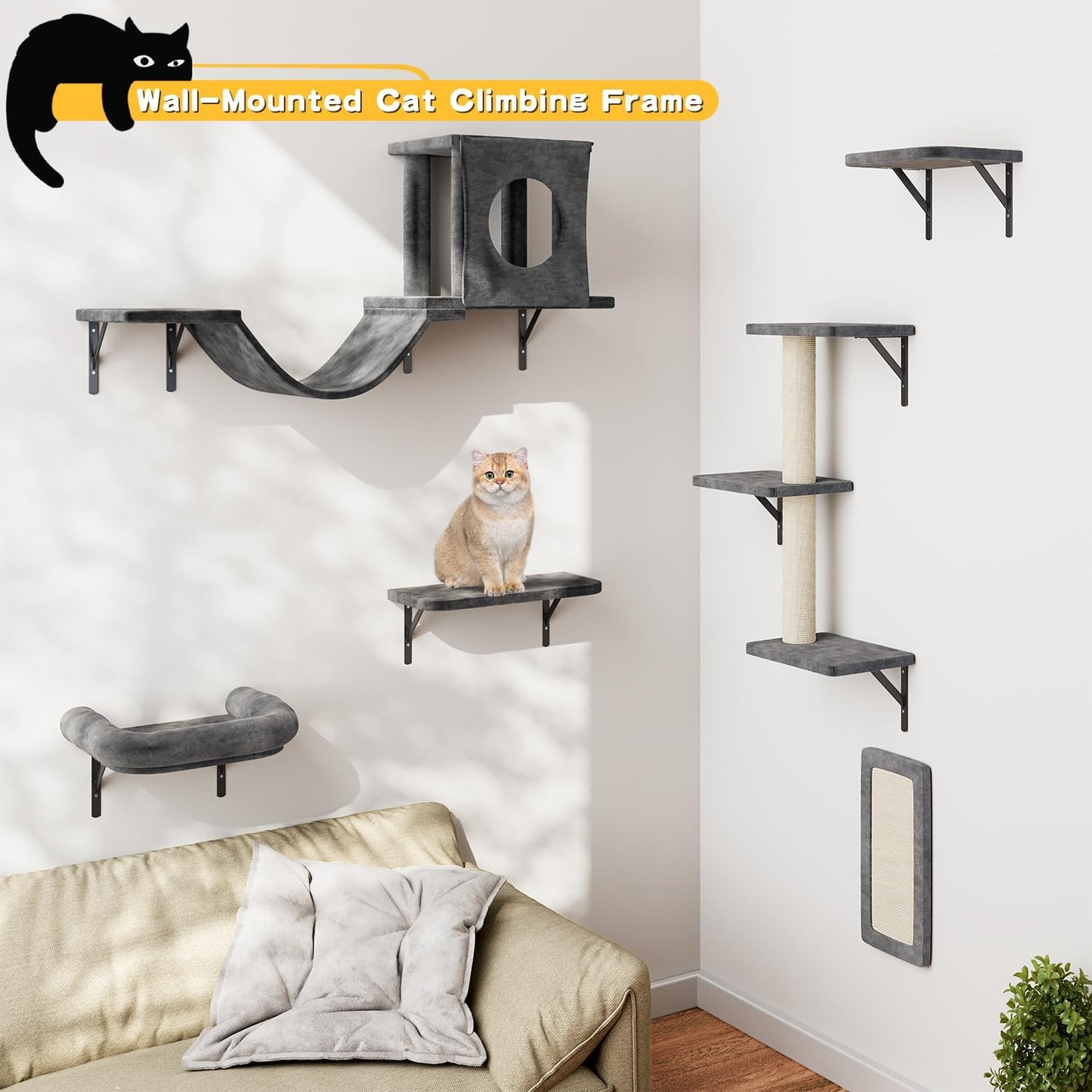 NUNU LAB Wall Mounted Cat Furniture, 6 Pcs Cat Wall Shelves with Condo House, Bridge, Steps, Scratcher, Hammock, Indoor Safe & Stable Furniture for Kittens Play, Dark Gray