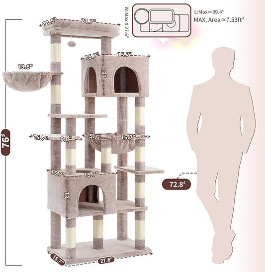 Heybly Cat Tree, 76-Inch Tall Heavy Duty Cat Tower for Big Cats with Extra Wide Baseboard, Multi-Level Large Cat Furniture with 2 Condos & 2 Hammocks, 10 Scratching Posts, Muchroom HCT039MU