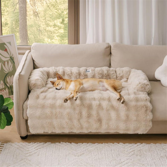 FUNNY FUZZY Pet Fluffy Plush Calming Dog Couch Bed Sofa Protector Washable Pets Mat for Large Medium Small Dogs and Cats (Coffee,47.24 ร 37.4 ร 6.3 in)