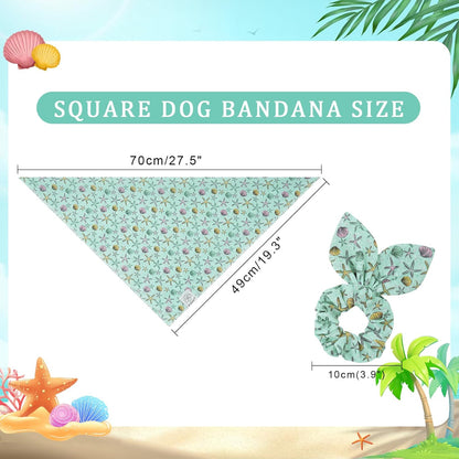 E-Clover Summer Starfish Dog Bandanas & Matching Scrunchie Set Blue Dog Scarf Bibs Pet Bandana with Bow Tie for Medium Large Dogs Owner Mom
