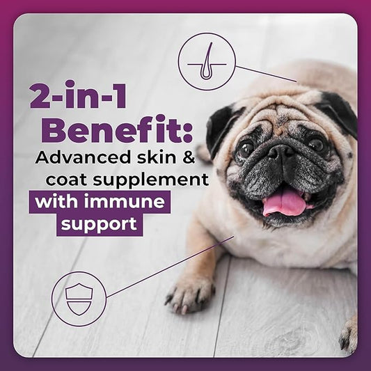 VetriScience Allergy Plus Immune Support Supplement for Dogs, Duck Flavor, 75 Chews & Omega Plus Advanced Skin Supplement for Dogs, 40 Chews