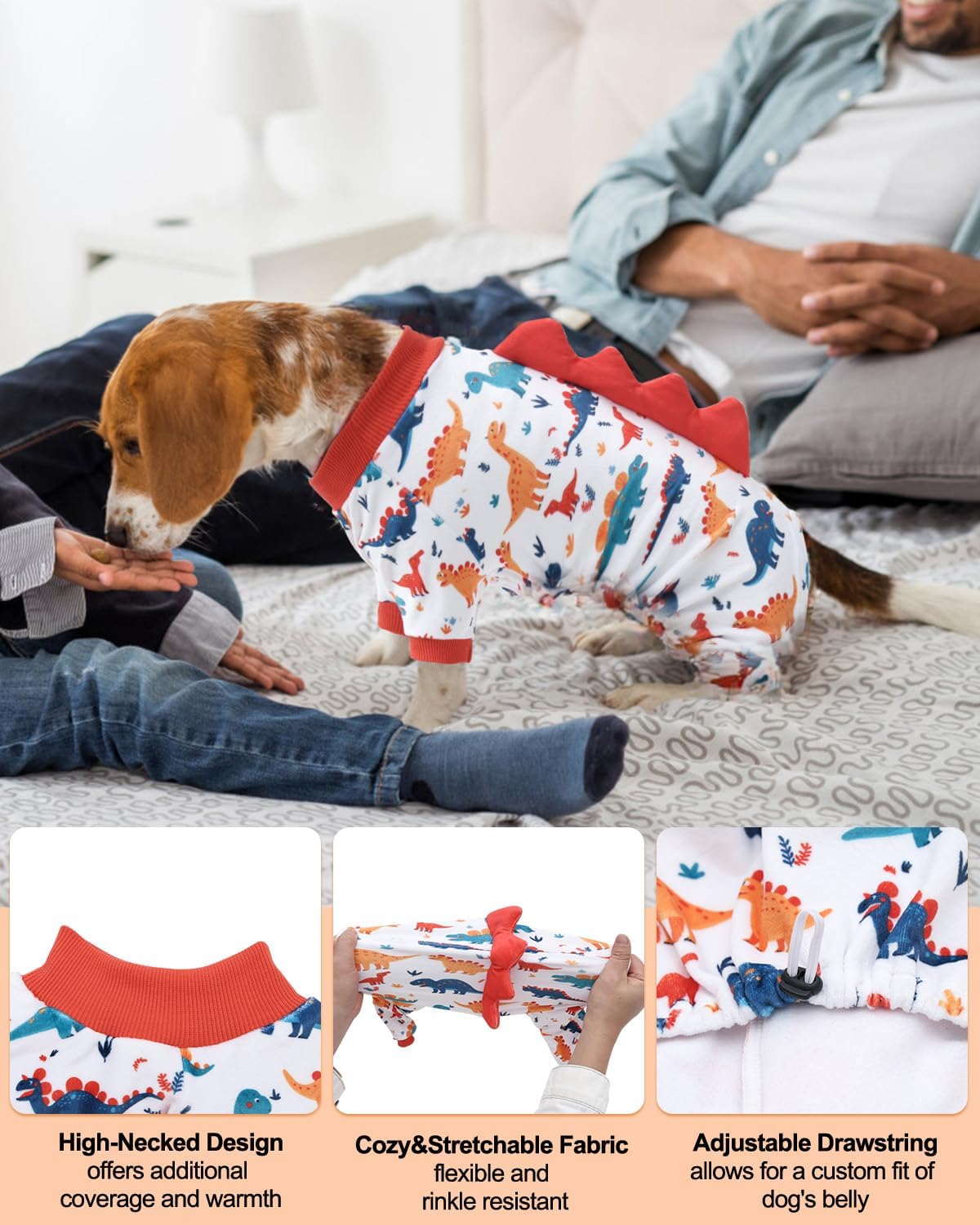 CuteBone Dinosaur Costume Dog Pajamas, Stretchy Spandex Crystal Velvet Sleepwear Coat for Small Dogs, Soft & Warm Pet Outfit Clothes for Cold Weather, Cozy Pullover Design COSP02S