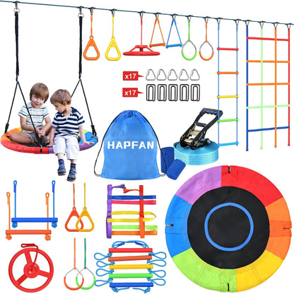 Hapfan 50 FT Ninja Warrior Obstacle Course Swing Set for Kids with Weather-Proof Accessories, Outdoor Playset with Monkey Bars for Backyard