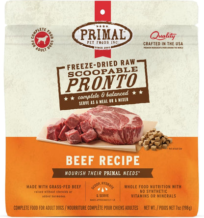 Primal Freeze Dried Dog Food, Pronto Mini Nuggets, Beef; Scoop & Serve, Complete & Balanced Meal; Also Use as Topper or Treat; Premium, Healthy, Grain Free High Protein Raw Dog Food (7 oz)