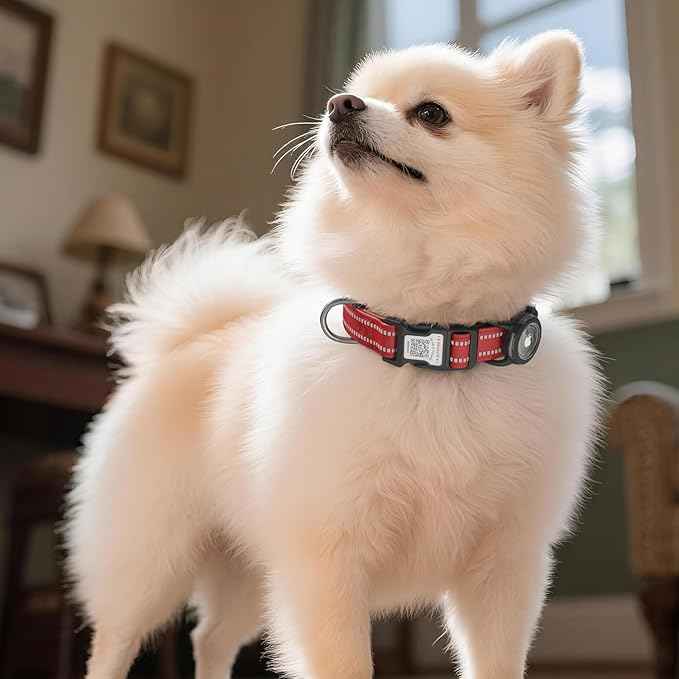 Dog Collar with QR Code, Reflective Dog Collar, Soft Neoprene Padded & Safety Locking Buckle Adjustable Pet Collar (Red, M-with Airtag Holder)