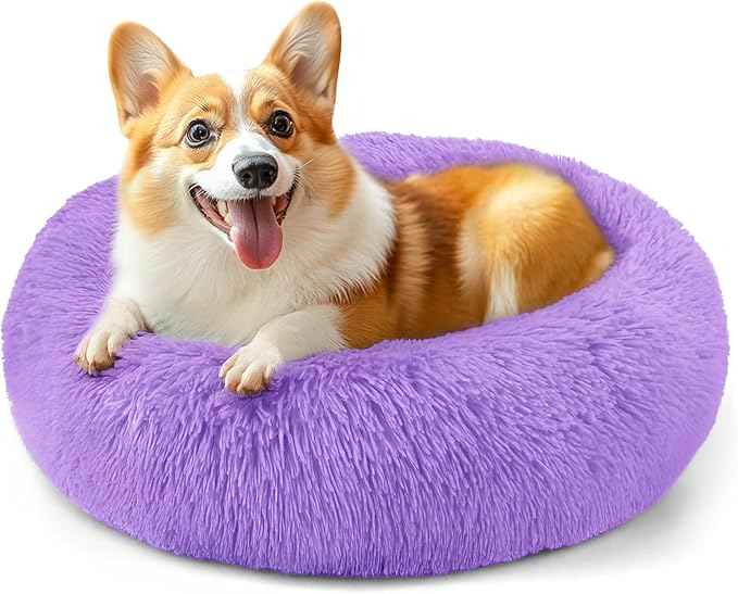 28in Large Dog Bed, Medium Size Dog and Cats, Calming Donut Bed for Puppy and Kitten, Washable Round Fluffy Pet Bed (Purple)
