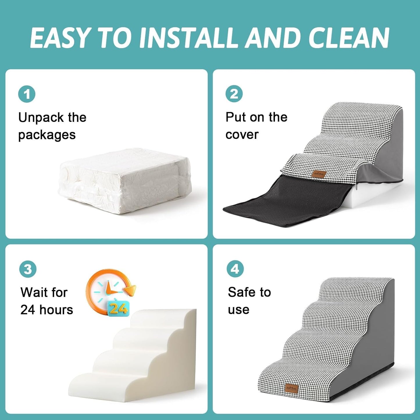 Dog Stairs for Small Dogs 15.7" H, Curved Dog Step for Puppy, Older Cat, Medium Pet Ramp for Sofa, Couch or Chair, Ladder with High Density Foam, 15.7x22.4x15.7 inch, 3 Step, White Black - Pawvie
