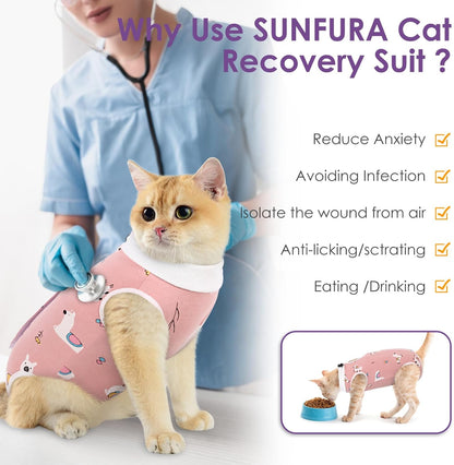 SUNFURA Cat Recovery Suit, Kitten Surgical Full Bodysuit for Abdominal Wound Protector Anti Licking After Surgery, Professional Bandages Cone E-Collar Alternative for Small Male & Female Pets