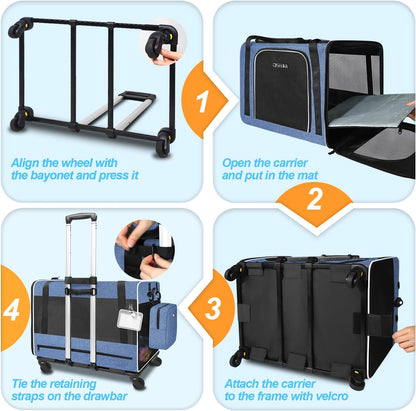 Petskd Extra Large Cat Carrier with Wheels and Litter Box 24"x17"x17" for Large Cat or 2 Small Cats, Collapsible Soft Sided Pet Carrier for Car Travel with Lockable Safety Zippers(Blue)