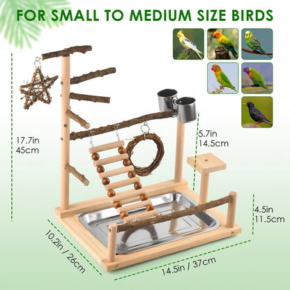 KATUMO Bird Playground - Natural Wooden Perches Parakeet Ladder Conure Swing Bird Cage Accessories with Removable Tray & 2 Stainless Steel Cups