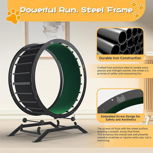 GTRACING Cat Wheels, 40" Diameter, Large Cat Exercise Wheel for Indoor Cats cat Treadmill Metal with Detachable Carpet & Teaser/Stickers, Ultra-Quiet Scroll Wheel with Latch, Safe and Stable, Green