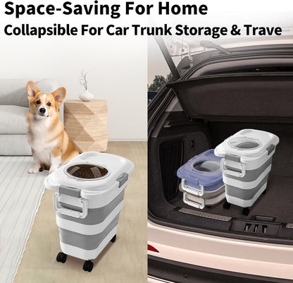 25 Lbs Dog Food Storage Container, Collapsible Dog Food Container with Scoop for Pet/Dog/Cat/Bird Food,Keep Dry Food Fresh,Easy to Move (White)